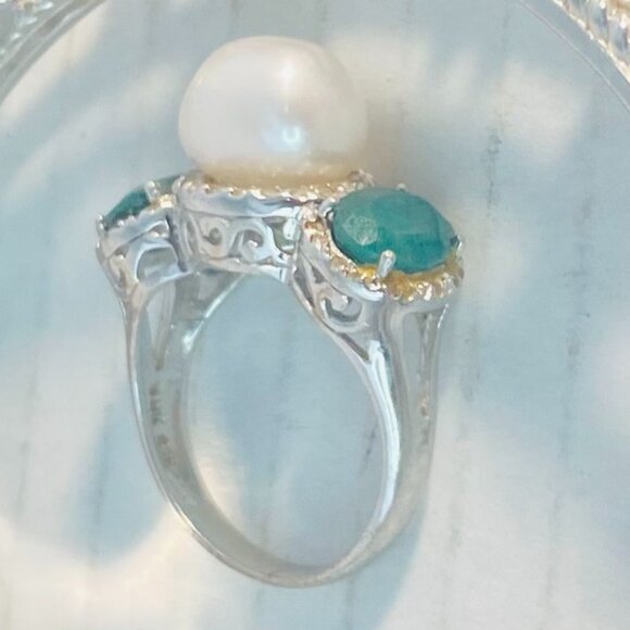 Vintage Judith Ripka Sterling Silver Pearl & Emerald Ring – Thailand 925 - Picture 9 of 9